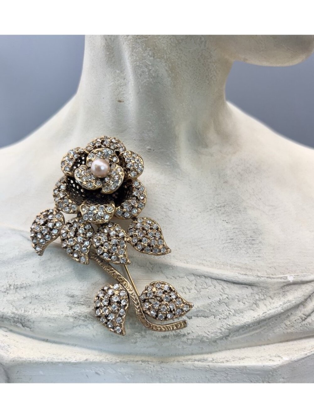 Vintage HUGE 4 Inch Heavy Gold Tone & Pave Crystals Rose Brooch